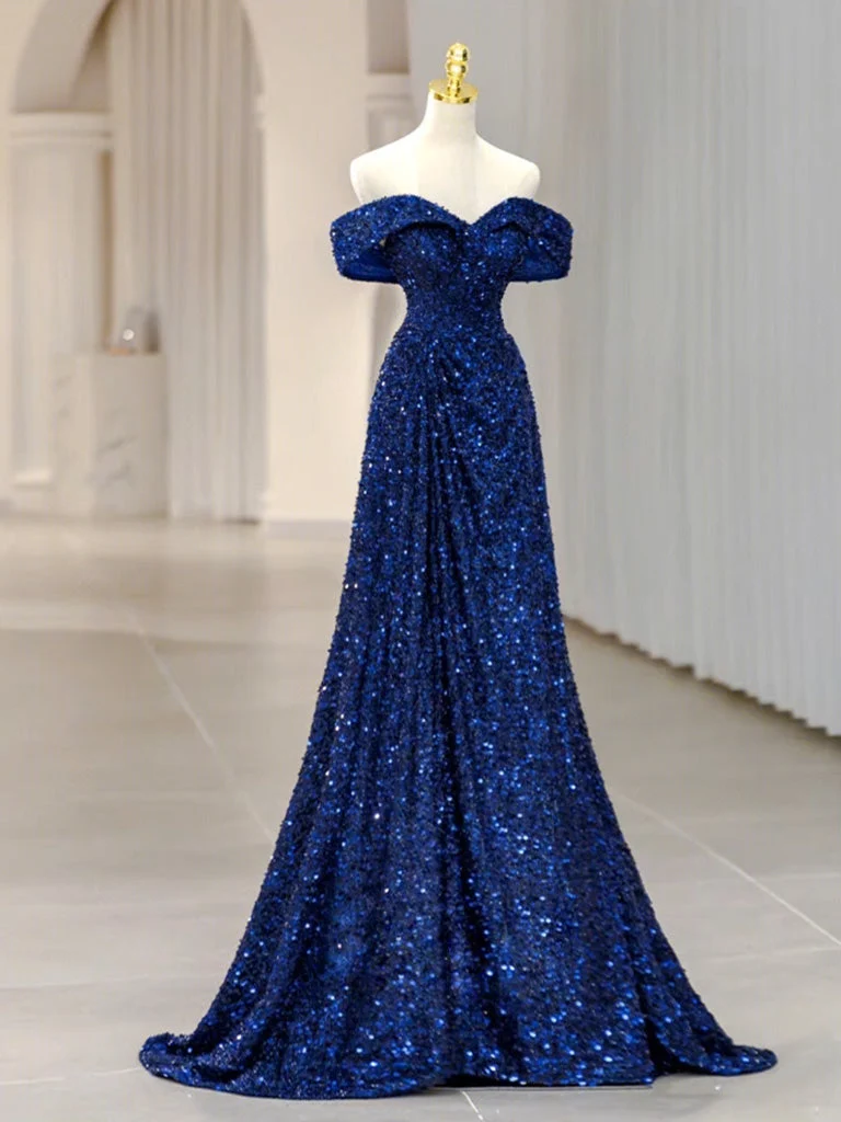 Klassisk A-linje Off the Shoulder Blue Paljetter Balklänning