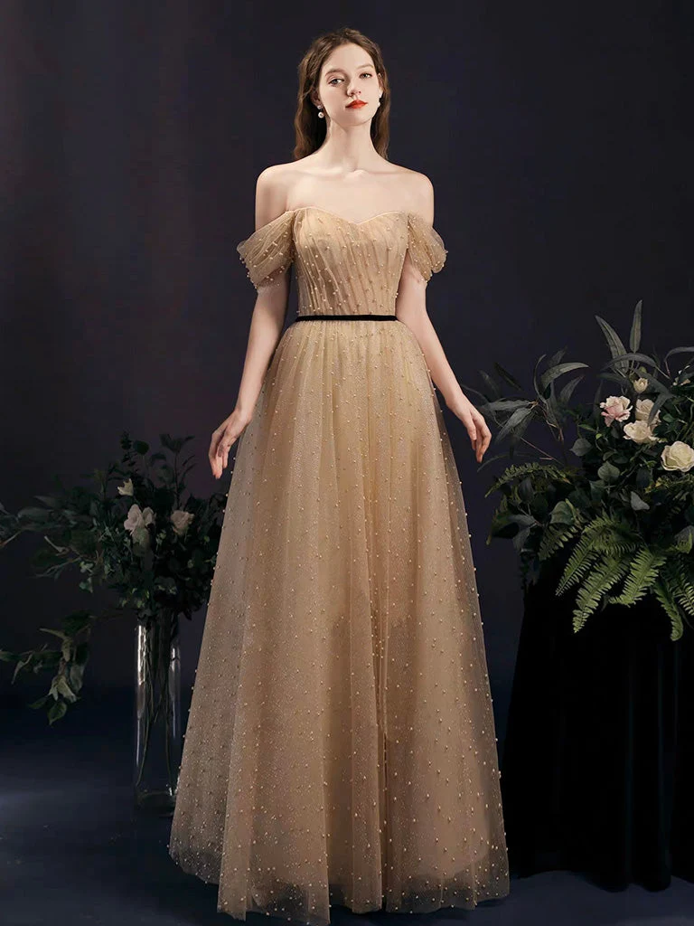 Off the Shoulder Illusion Champagne Balklänning med svart bälte