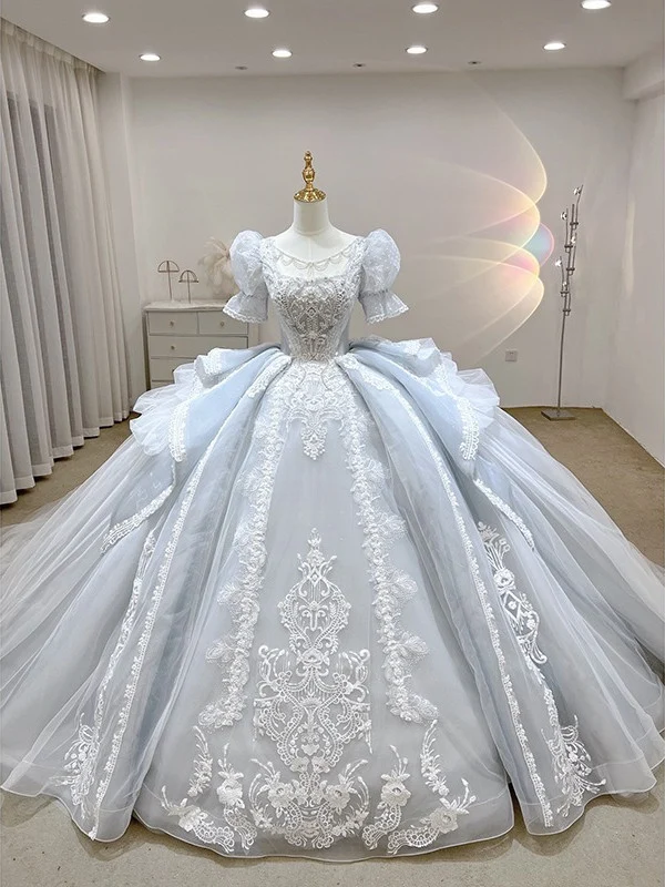 Lyxig blekblå Princess Cathedral Traditionell viktoriansk bröllopsklänning