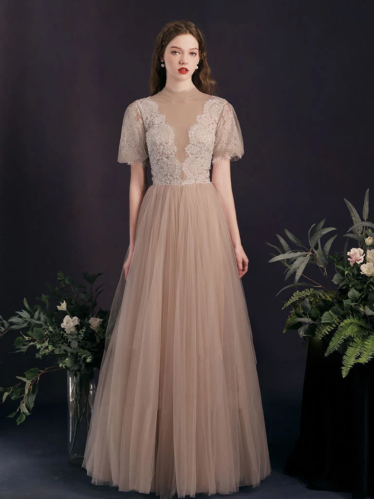 Modest see Through Sheer balklänning med korta ärmar