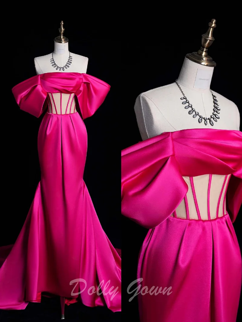 Hot Pink Off The Shoulder Satin Korsett Balklänning