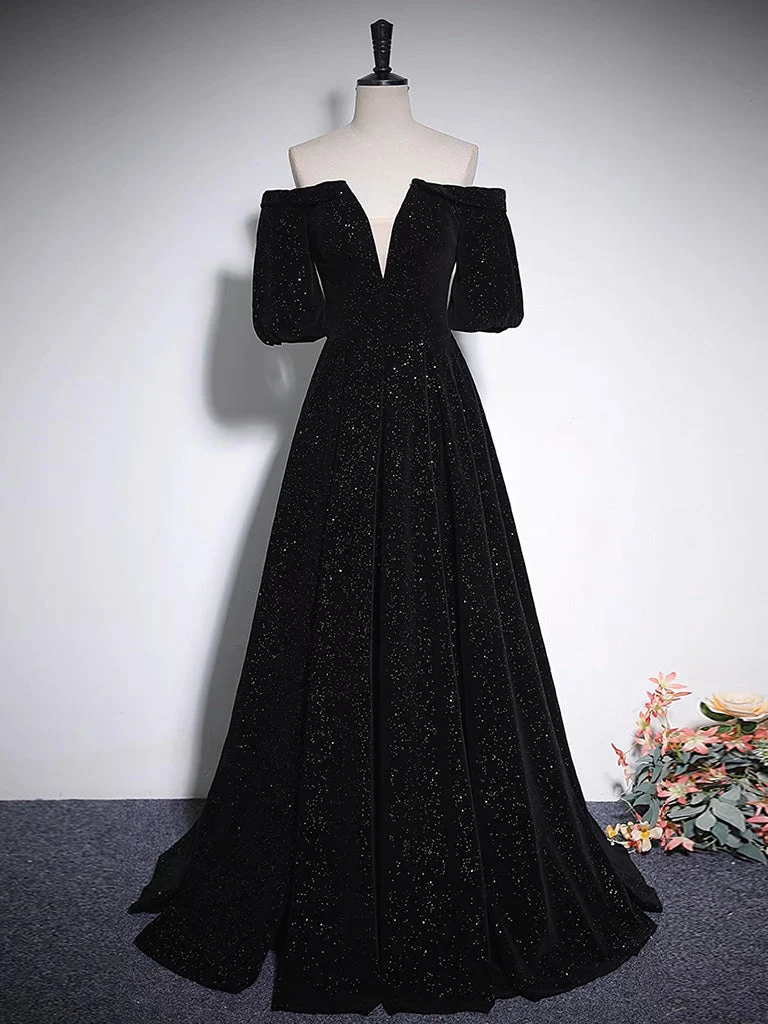 Svart Off The Shoulder Velvet Evening Dress Balklänning