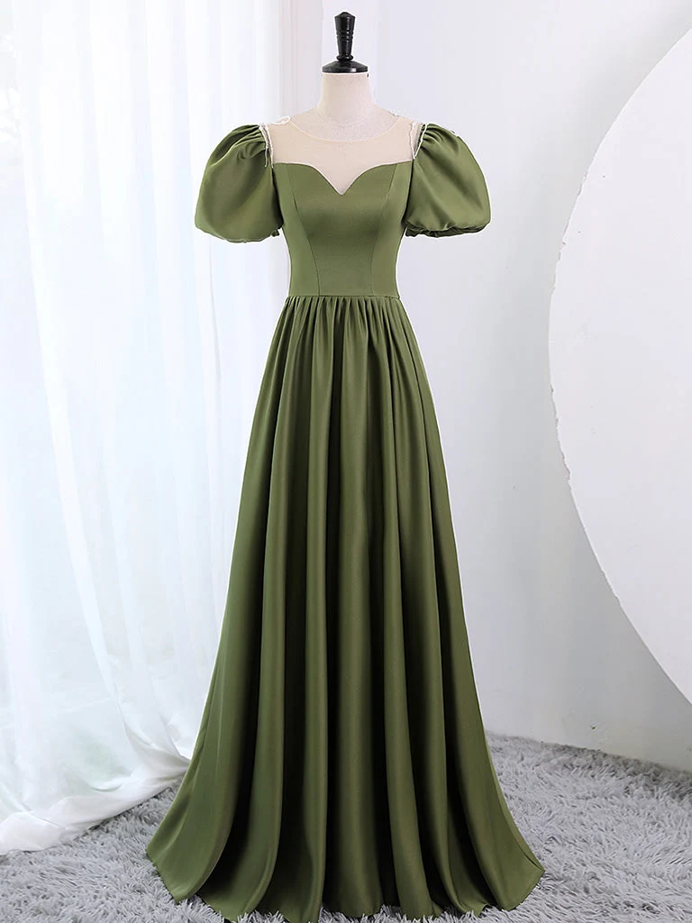 Sage Green Satin A-linje lång balklänning med bubbla korta ärmar