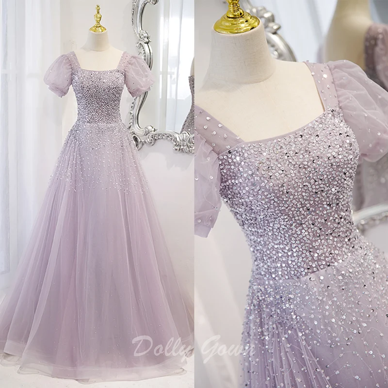 Lilac Bead Square Neck A-linje balklänning