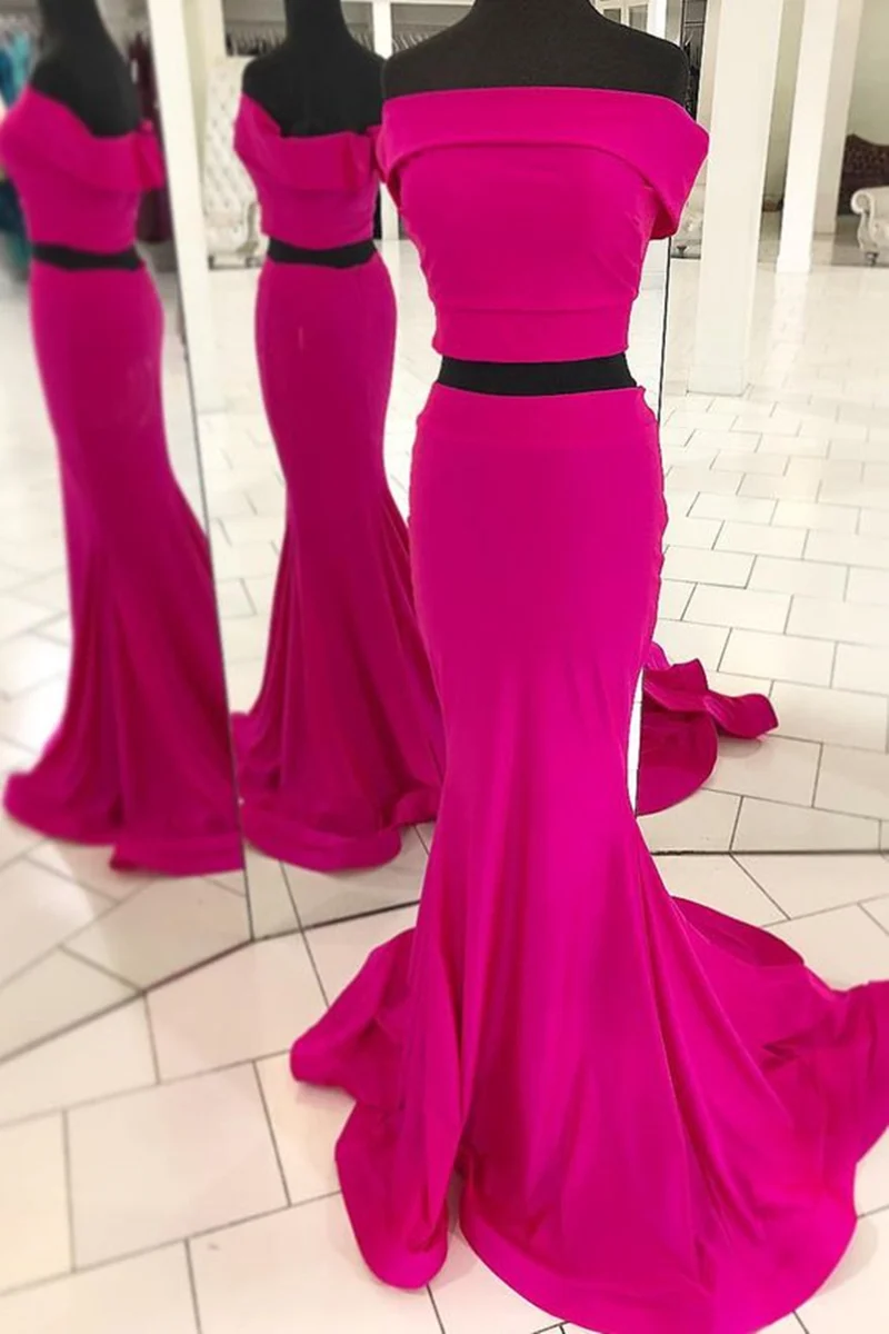 Fuchsia Off The Shoulder Tvådelad sjöjungfrubalklänning