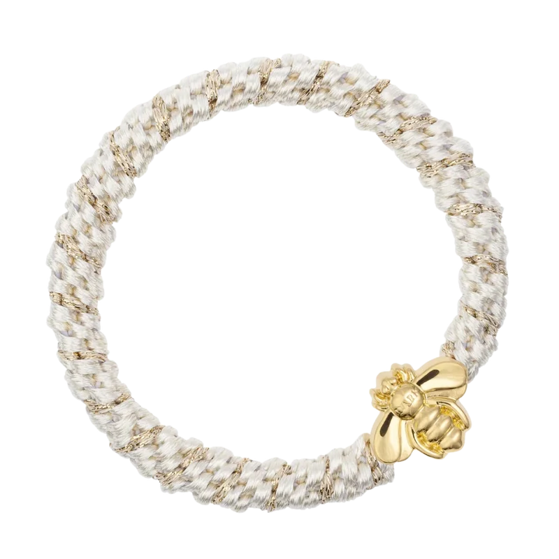 Fat Hair Tie W/Gold - White Stripe W/Bee