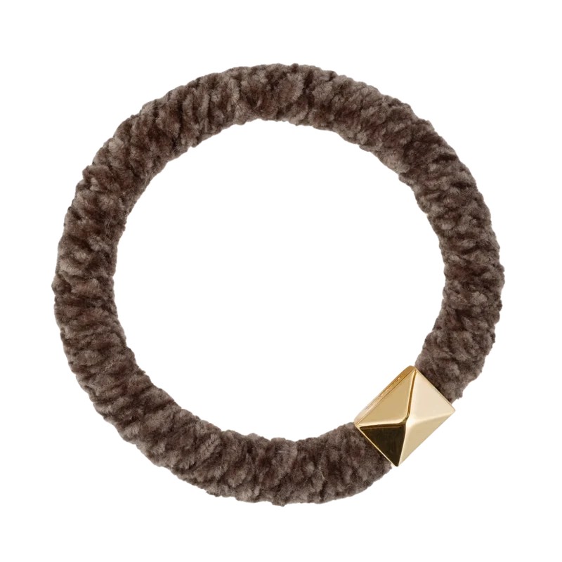 Fluffy Fat Hair Tie W/Gold - Warm Taupe