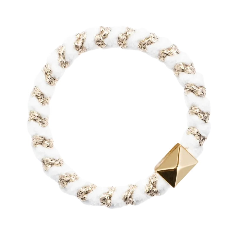 Fluffy Fat Hair Tie W/Gold - White Stripes