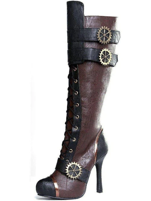 Ellie Shoes 420-Quinley 4 cm knähöga steampunk-stövlar med snörning - bruna och gröna, storlekar 6-12