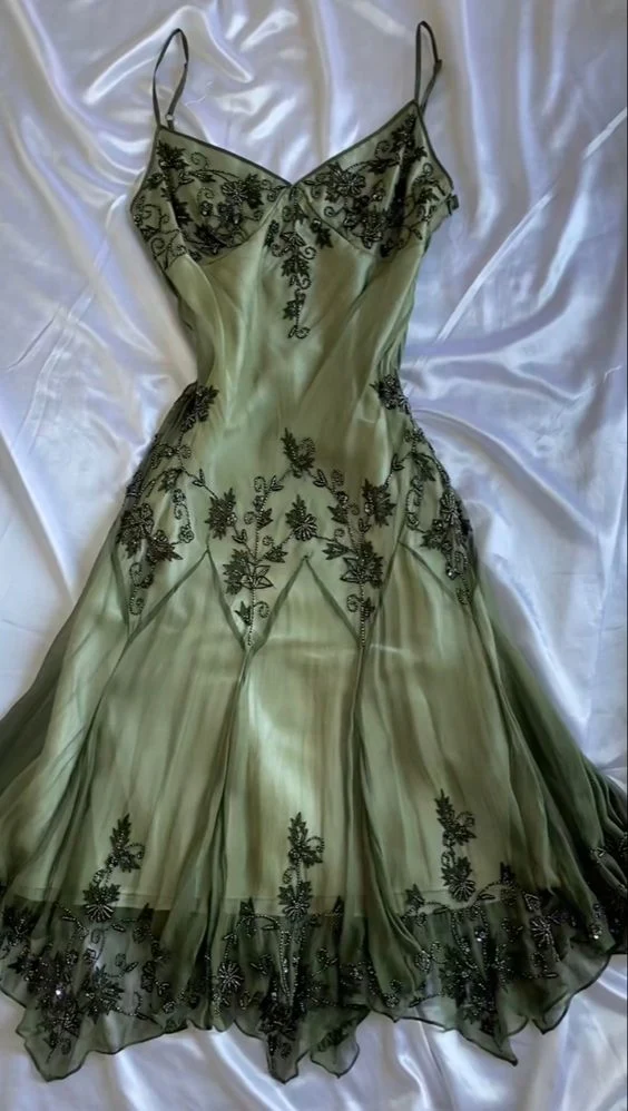 Vintage Grön Smaragdgrön Maxiklänning Broderade Kristaller Blommönster
