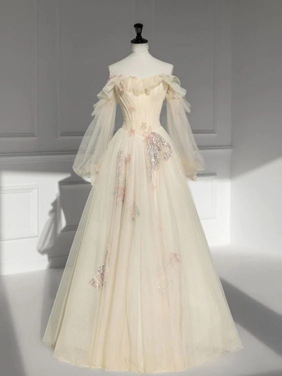 Lång Satin Off-the-Shoulder Puffärmar Balklänning