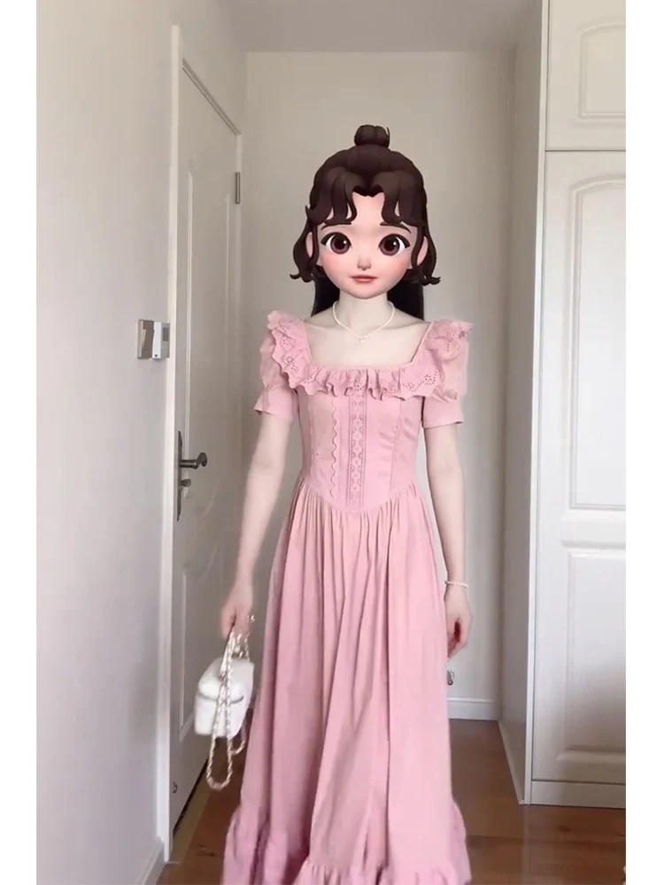 Fransk stil rouge rosa fyrkantig hals vintage klänning