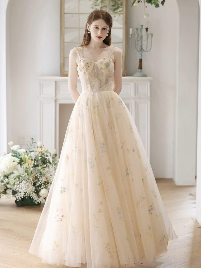 Fairytale Boho Champagne Tyll Sheer Illusion Balklänning