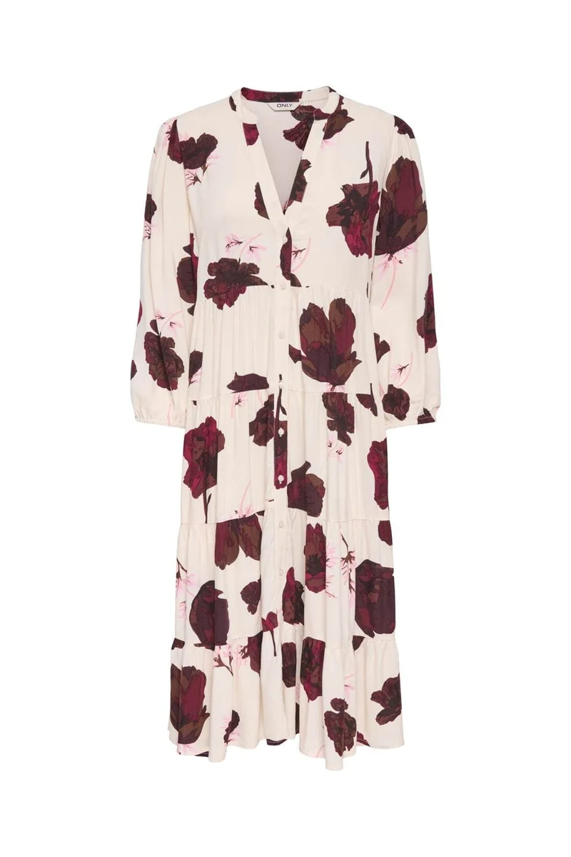 Only - Onlmilana Sola 3/4 Midi Dress - 5095462 Oatmeal Red Flower