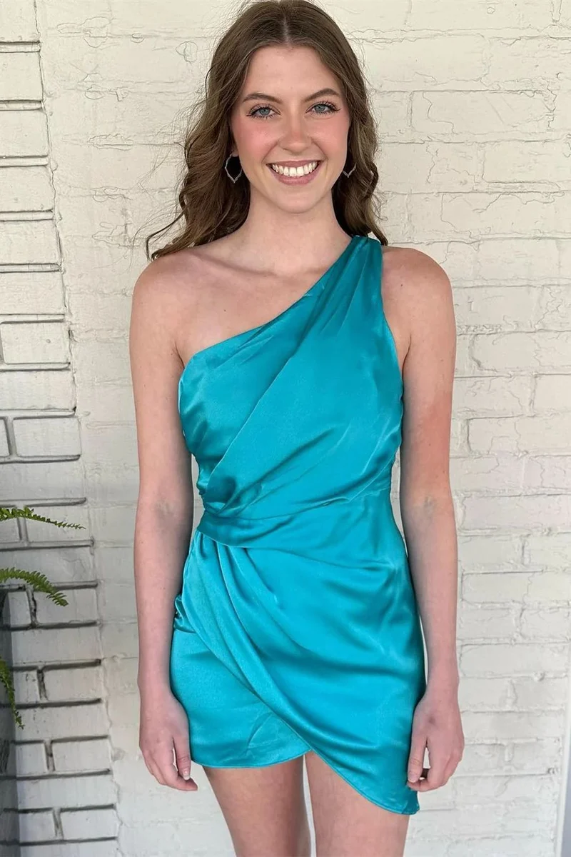 Unik Teal One Shoulder Hemkomstklänning