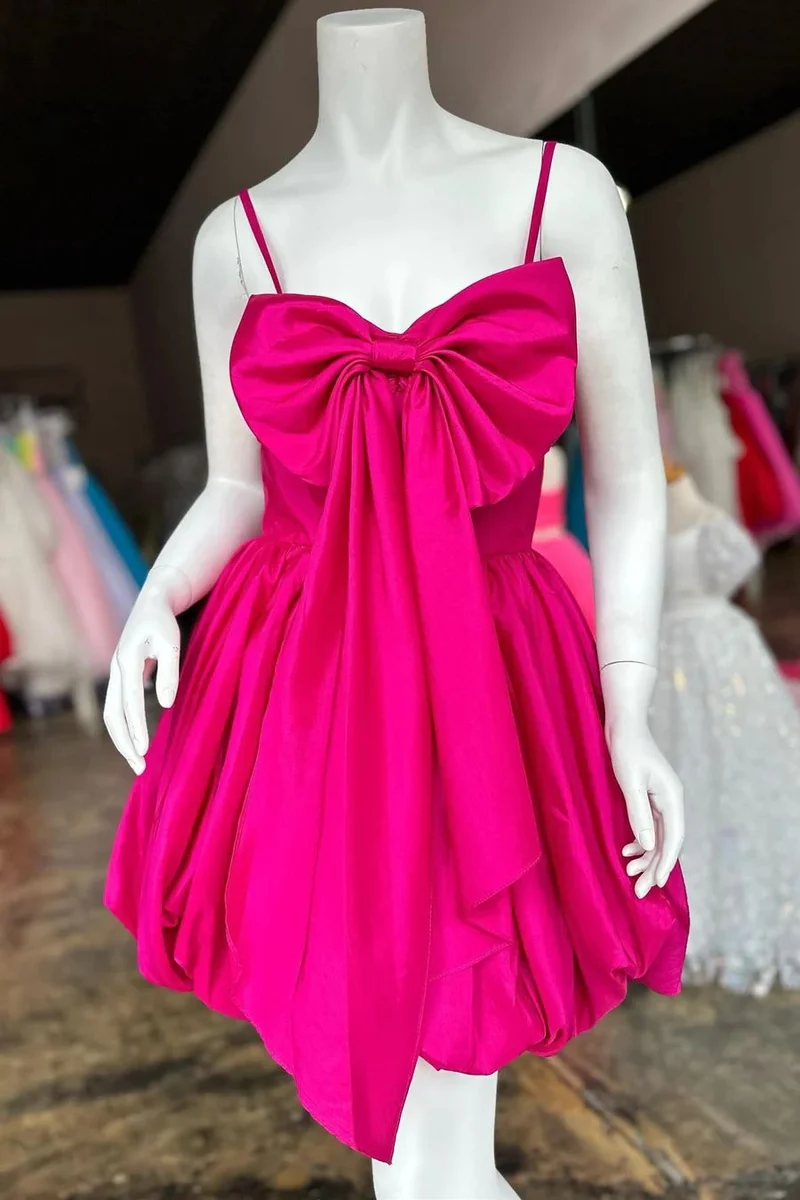 Söt Hot Pink Bow Front Kort Hemkomstklänning