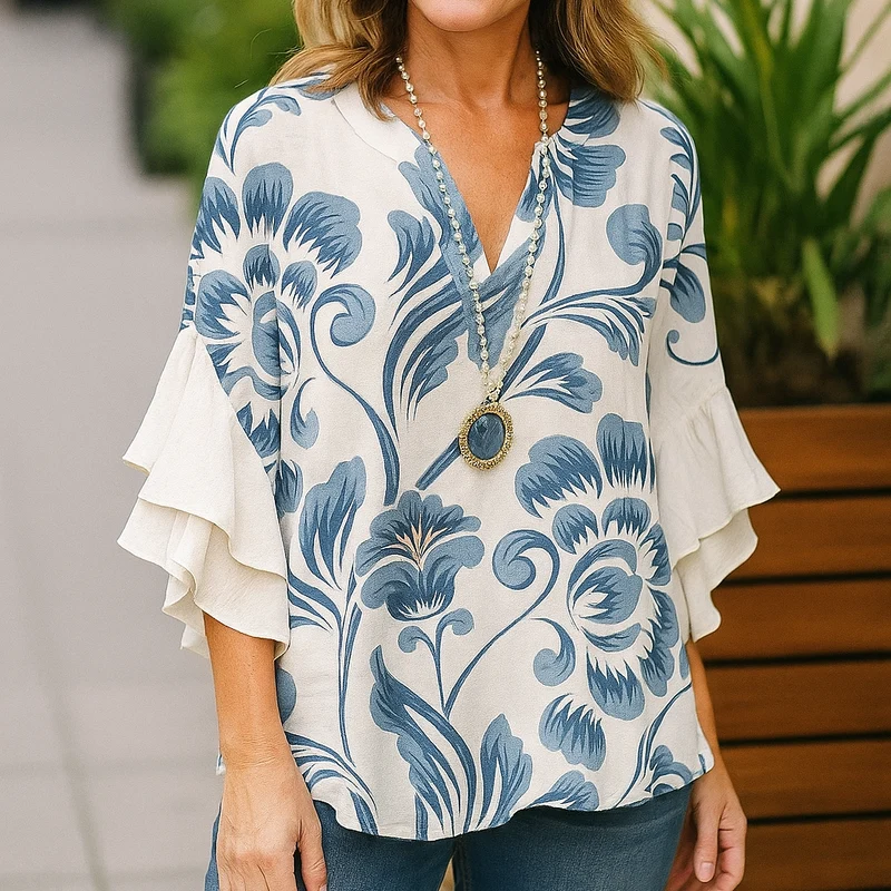 Emma | Avslappnad Blus med Fladdermusärmar och Blommigt Mönster