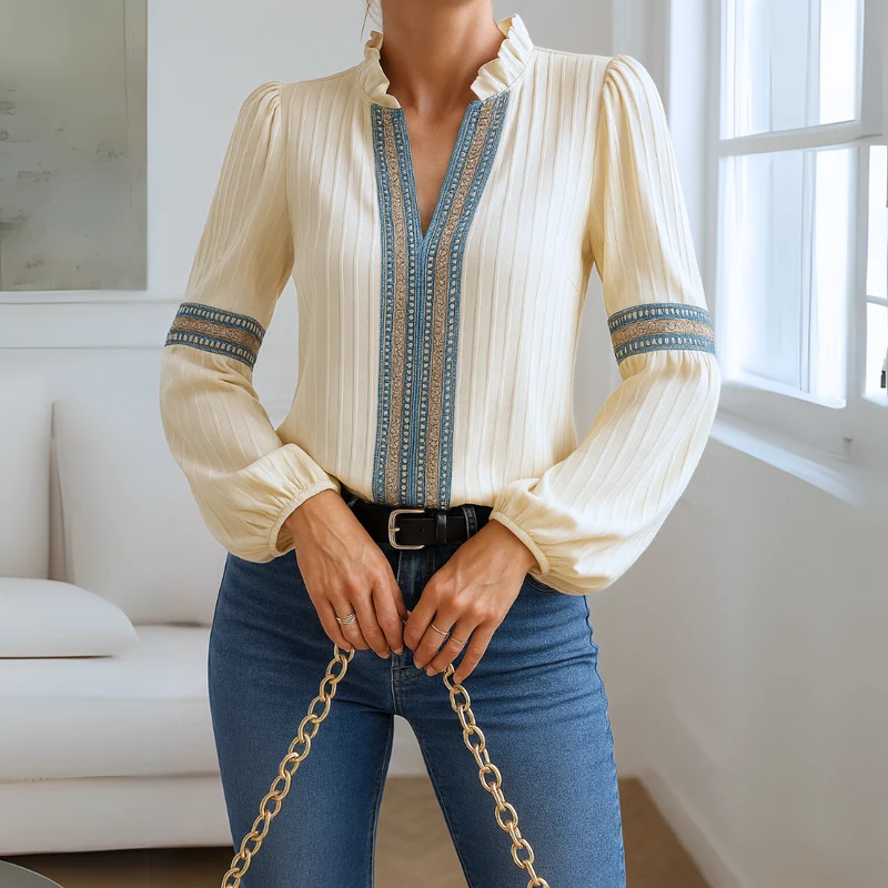 Emma | Elegant V-ringad Blus med Spets och Volanger