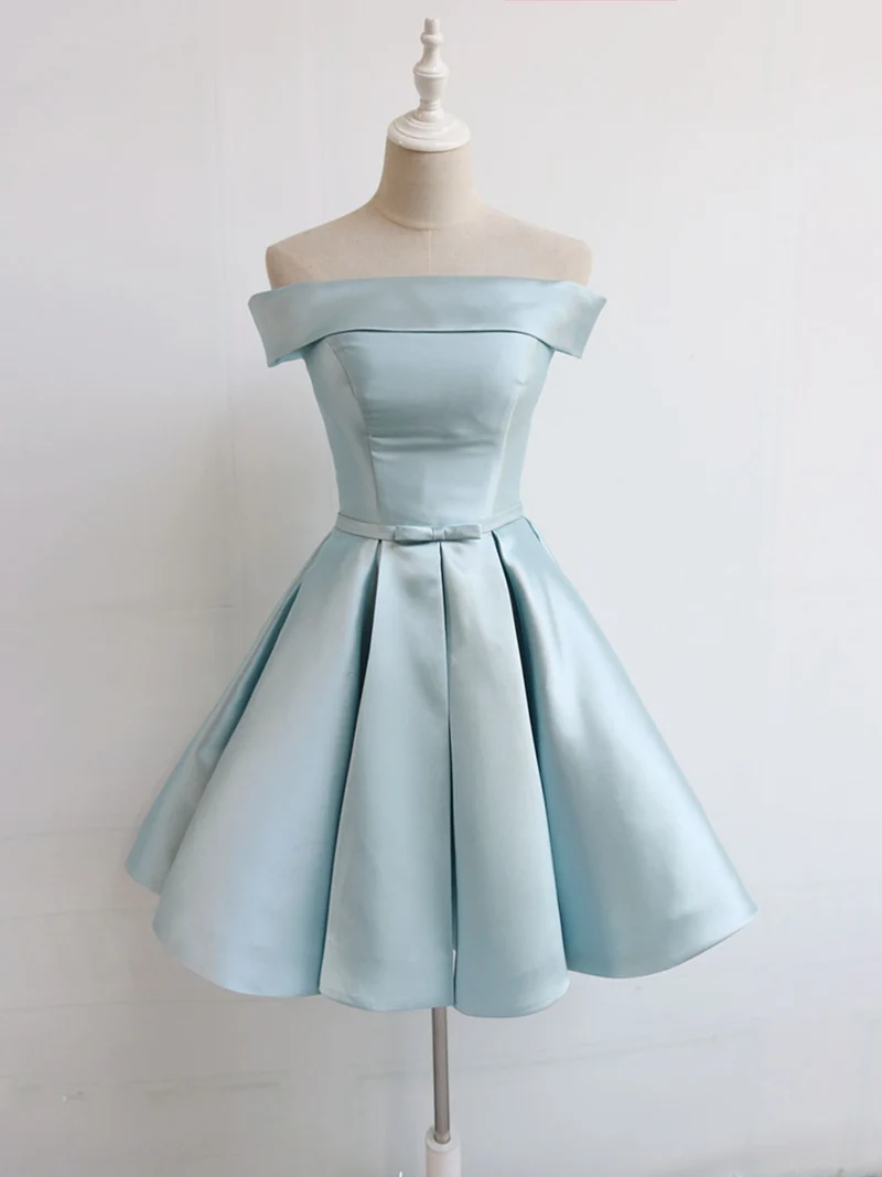 Ljusblå Off The Shoulder Satin Homecoming Dress 8:e klass Dansklänning