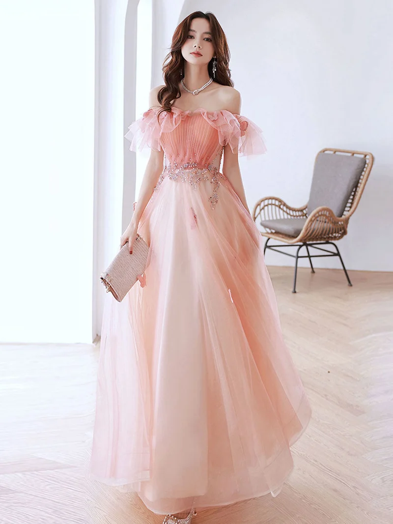 Peach Pink Off The Shoulder A-linje Maxi Lång balklänning