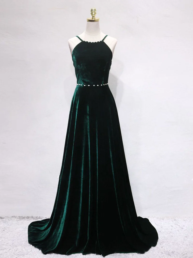 A-Line Backless Green Velvet Long Balklänningar | Gröna formella aftonklänningar