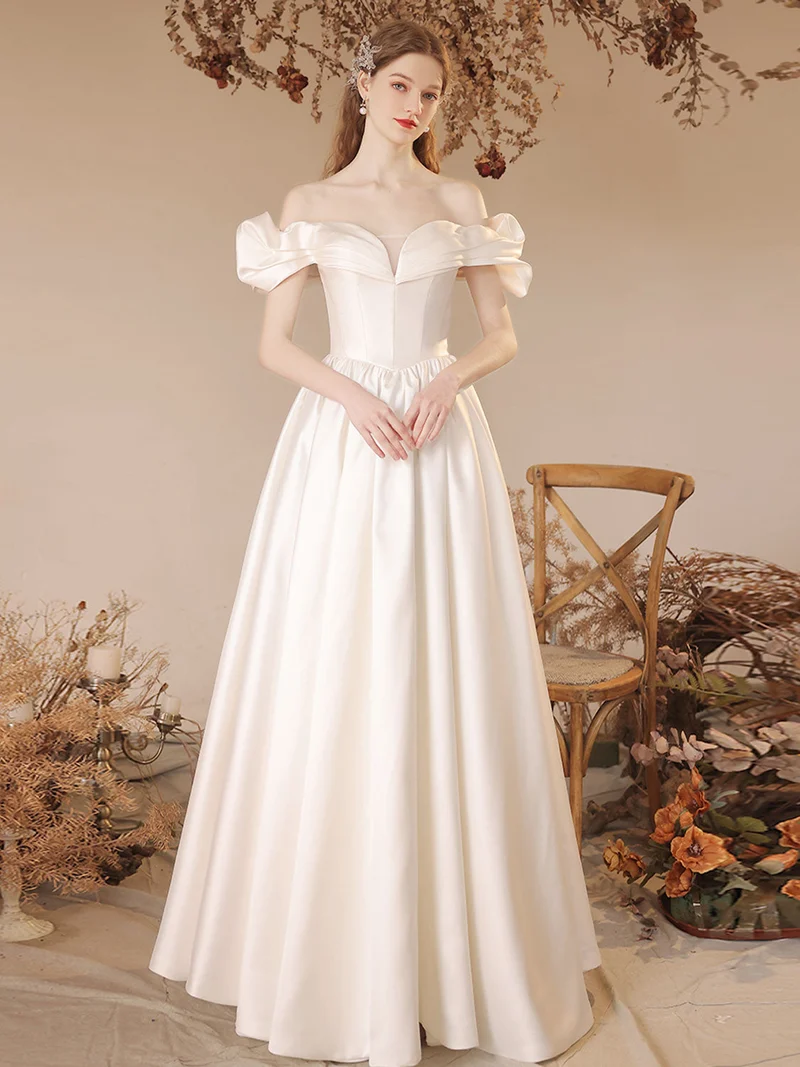 Princess Off The Shoulder Satin Beige Balklänning tillfällesklänning