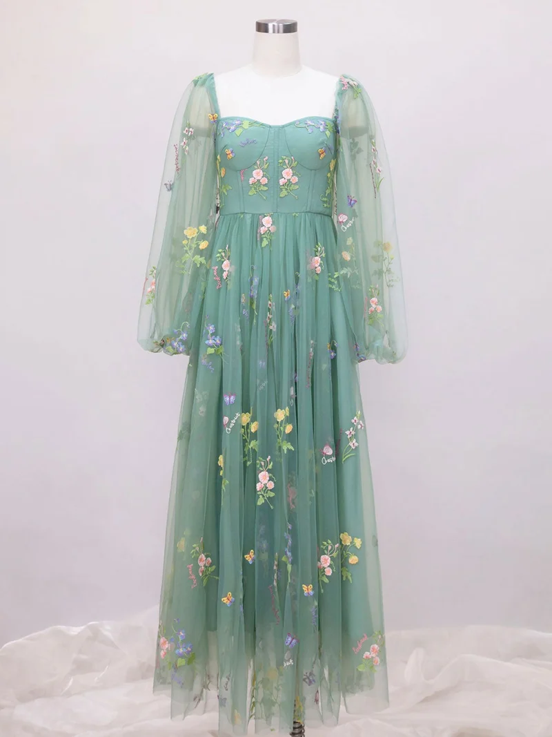 Boho grön spetskorsett te Lång balklänning med långa ärmar