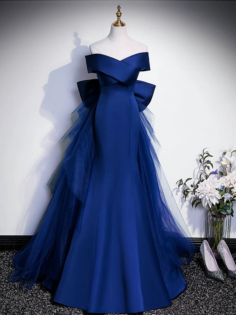 Overlapp Neck Off The Shoulder Royal Blue Mermaid Formell Klänning