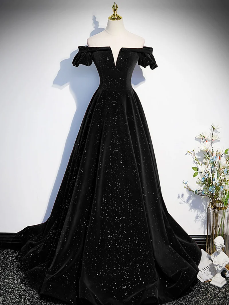 Enkel Black Velvet Off the Shoulder formell klänning