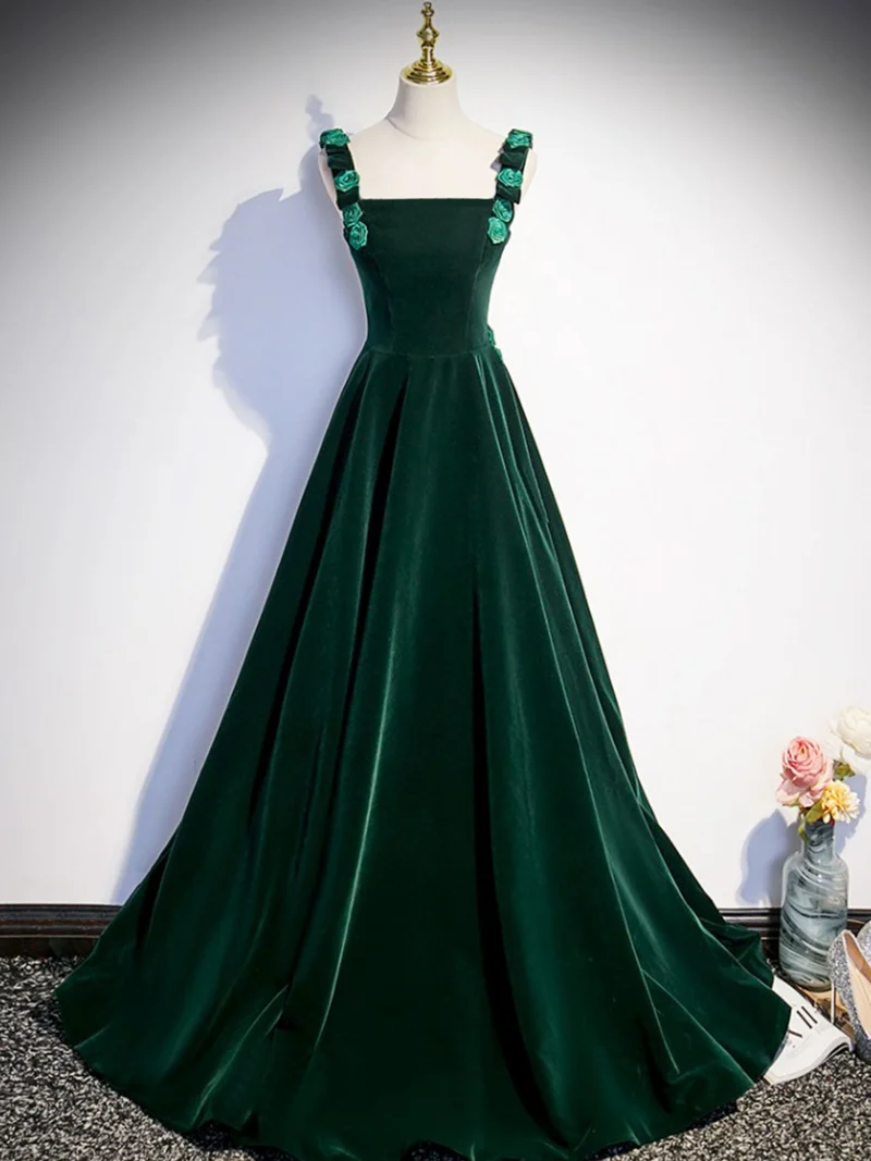 Emerald Green Velvet Rose Straps A-linje balklänning