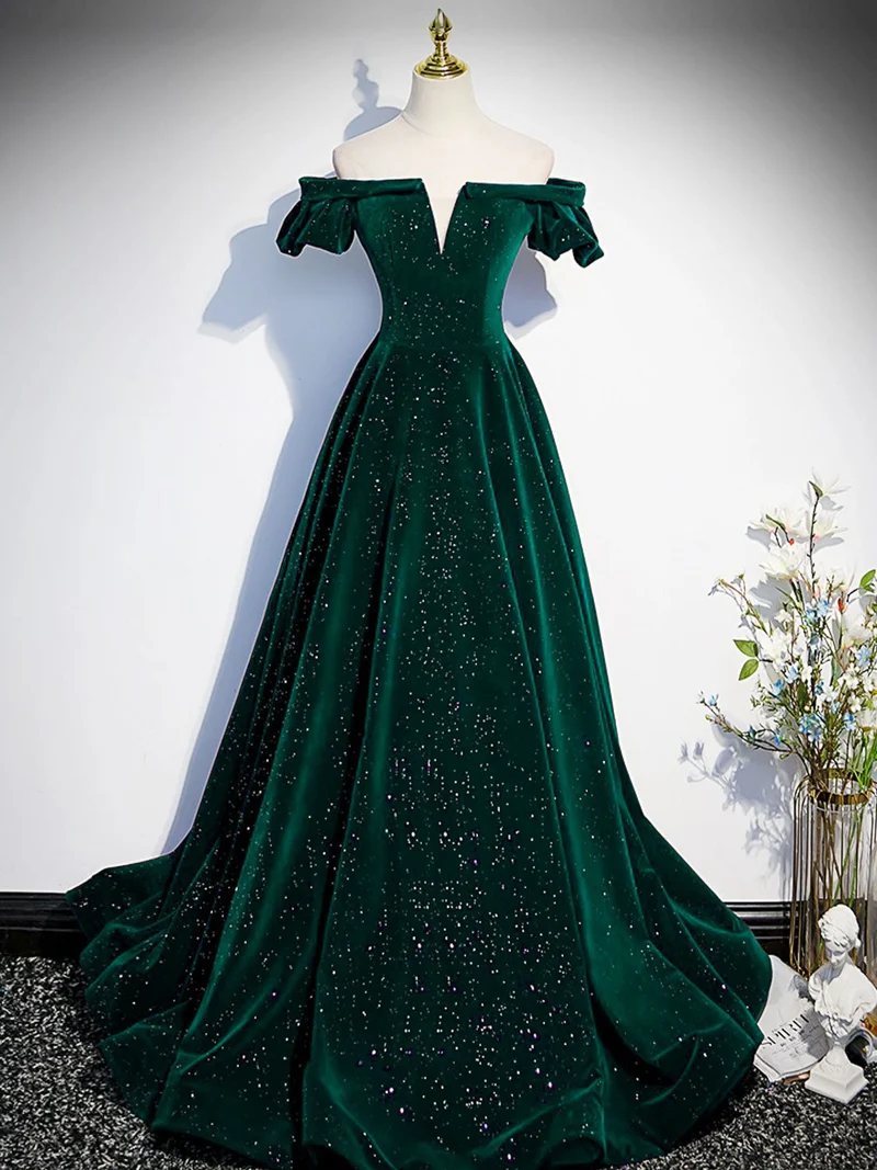 Klassisk Off the Shoulder Emerald Green Velvet Prom Dress Graduation Dress