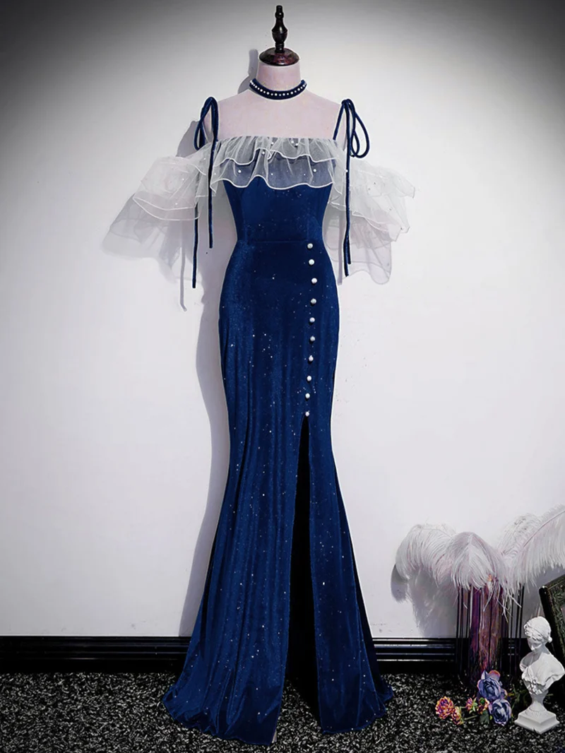 Unik Blue Velvet Long Balklänning med slits