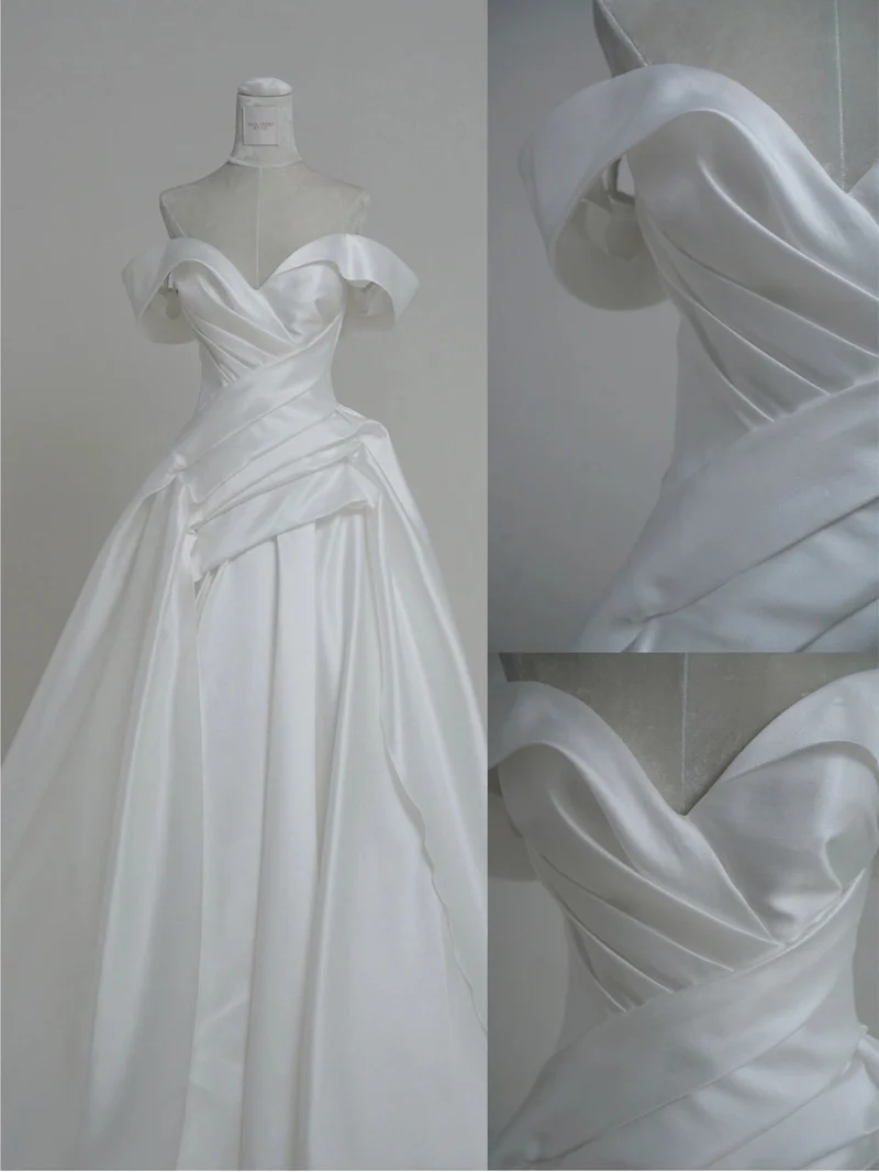 Off Shoulders Drapering Siden Balklänning Bröllopsklänning