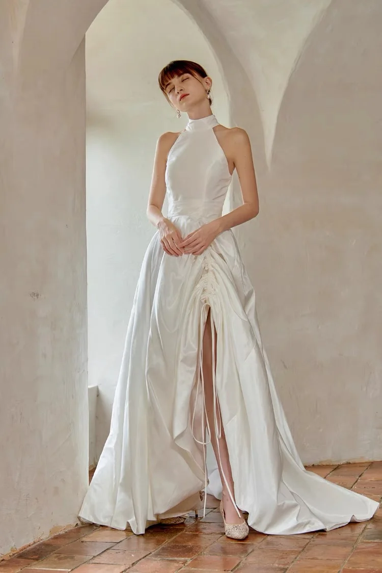 Vintage fransk grimma Silk Duchess Satin Bröllopsklänning