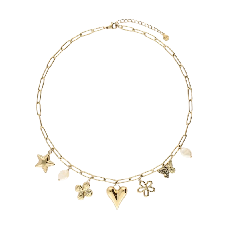 Necklace Pink Beads Multi Charms - 1200 Gold