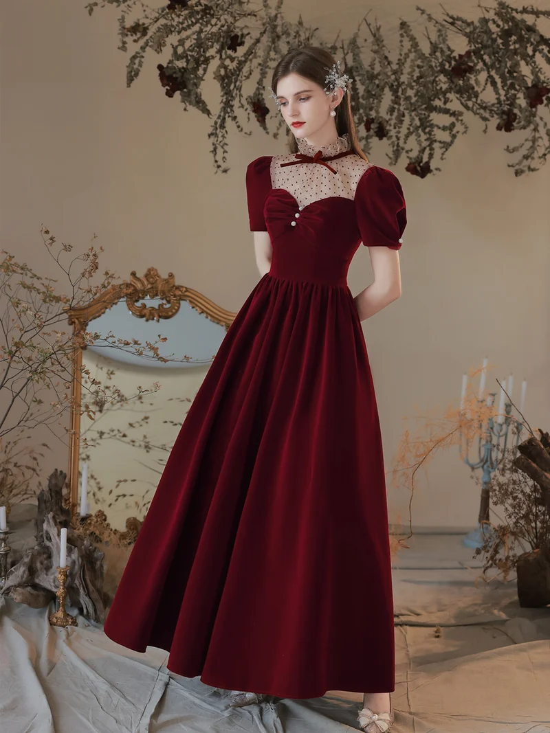 Snygg Vintage Princess Burgundy Velvet Long Balklänning