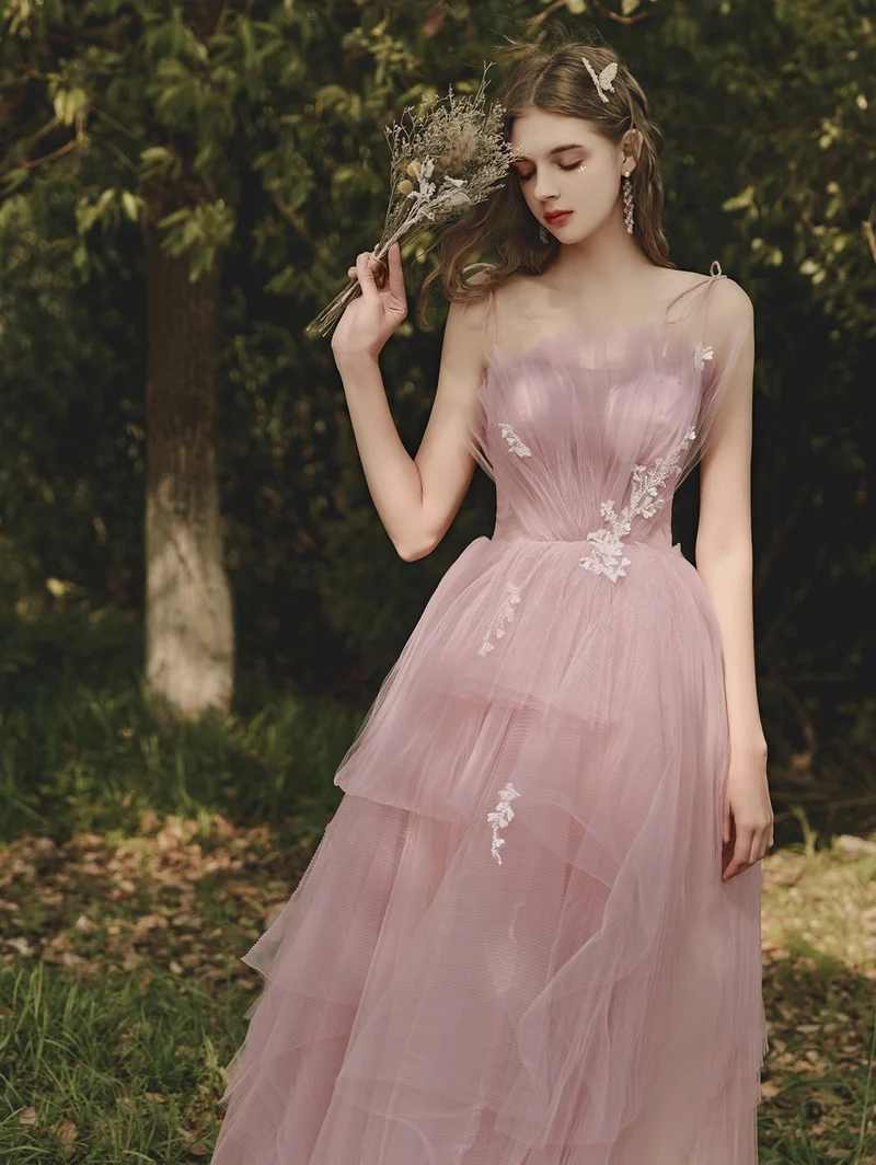 Dusty Rose Flowy Tyll balklänning
