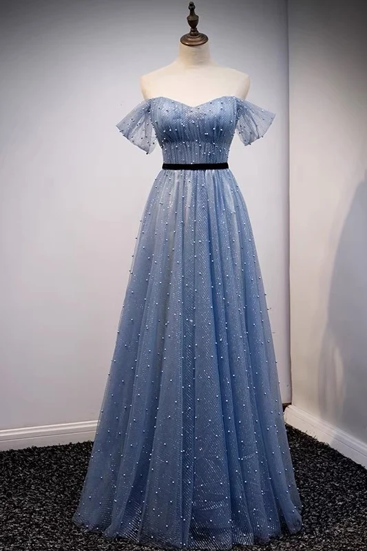Tyll Dusty Blue Flowy Lång Balklänning