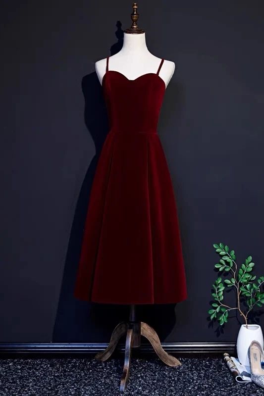 50-talsstil Burgundy Velvet Kort balklänning Brudtärnklänning