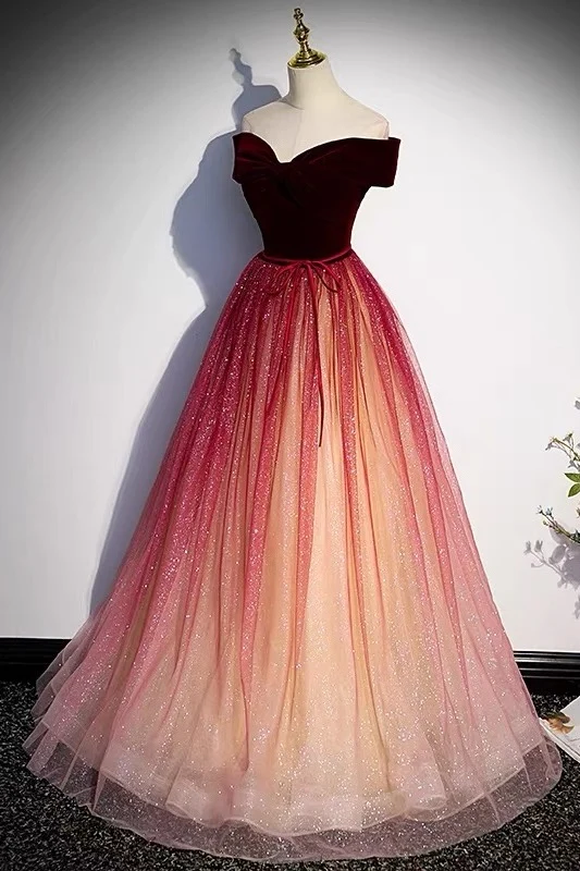 Burgundy Fairytale Off Shoulders Gradient balklänning
