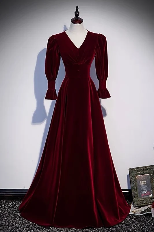 Vintage långärmad Burgundy Velvet balklänning
