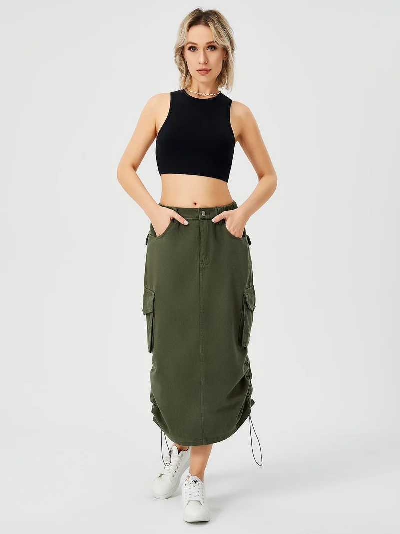 Emma | Hög Midja Cargo Midi Kjol med Slits