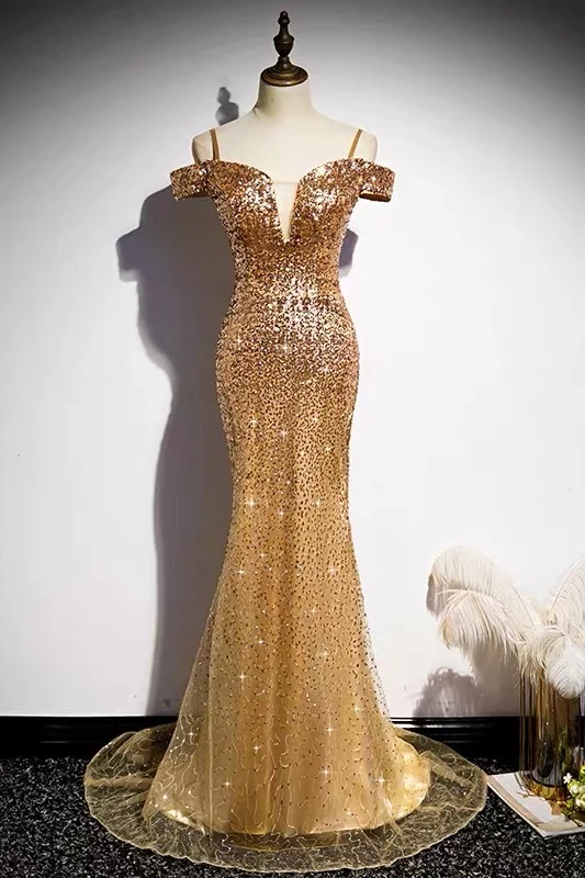 Off Shoulders Tight Fit Gold Paljett Balklänning