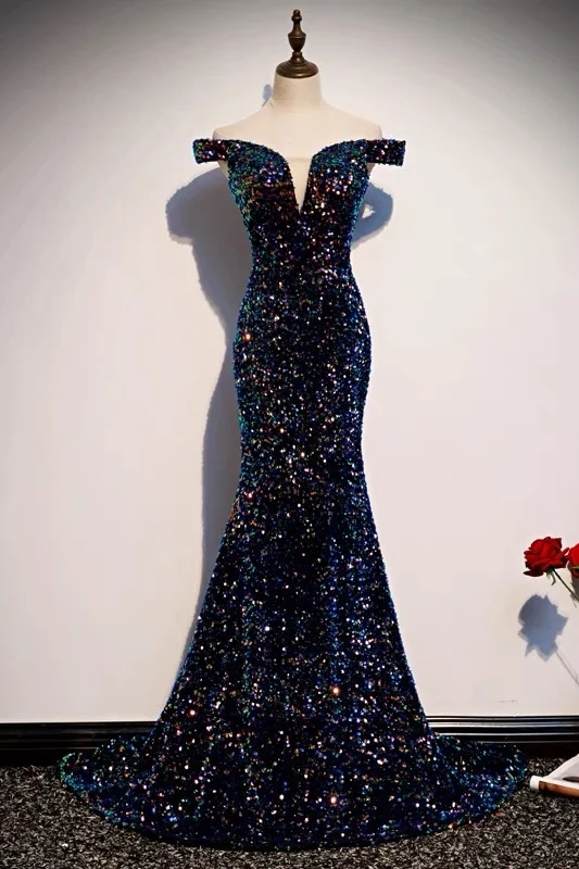 Glitter marinblå paljetter Off Shoulders Tight Fit formell balklänning