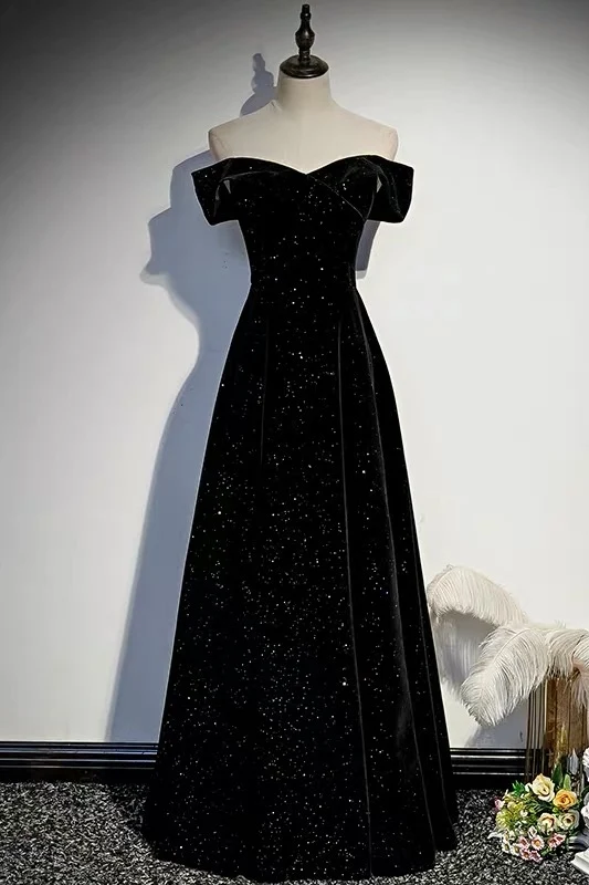 Off Shoulders Sammet Glitter Svart balklänning