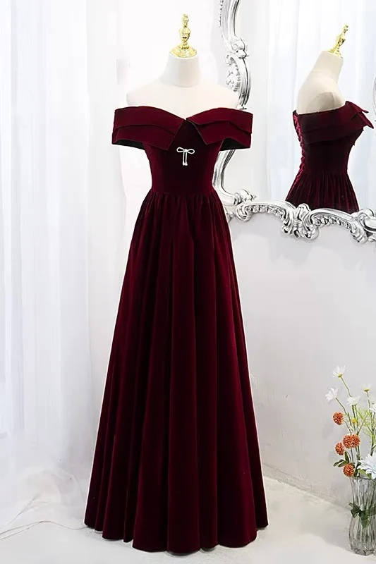 Elegant Off The Shoulder Burgundy Velvet Formell klänning i 8:e klass