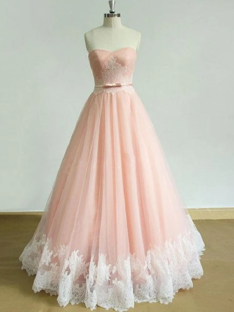 Axelbandslös Blush Pink Tulle Balklänning 8:e klass Dansklänning