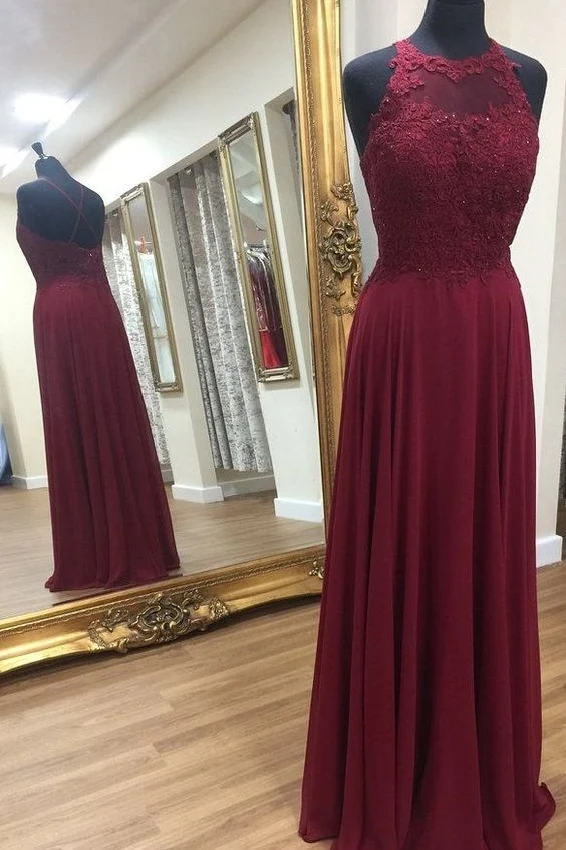 Halter Neck Chiffong Burgundy Lace Top balklänning
