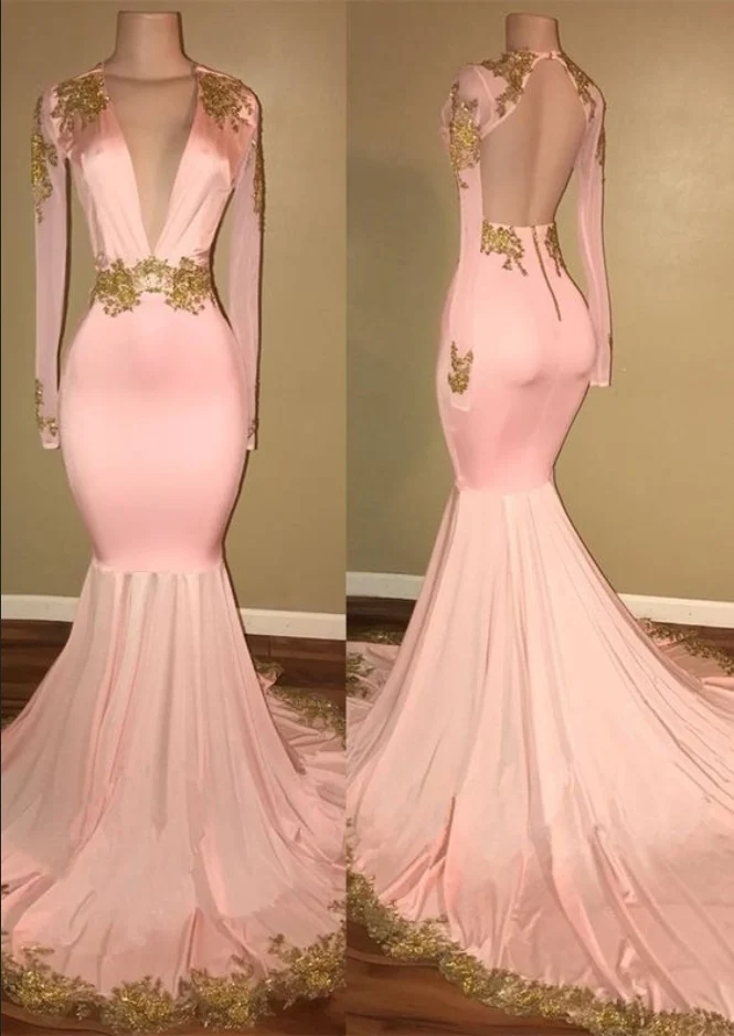 Blush Pink Djup V-ringad Tight balklänning med ärmar