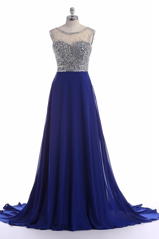 Flowy Royal Blue Chiffong Aftonklänning Lång balklänning